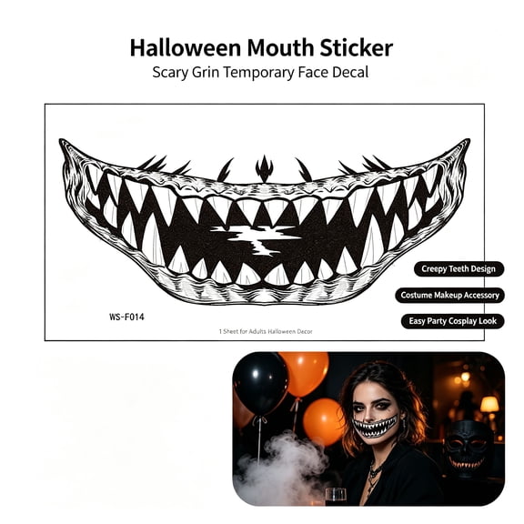 Halloween Mouth Sticker, Scary Grin Temporary Face Decal, 1 Sheet, Creepy Teeth Design, Costume Makeup Accessory, Cosplay Party Decor for Adults