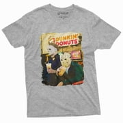 Halloween Movie Inspired T-Shirt Michael Myers Drinking Coffee Funny Humorous Tee For Him (Small Grey)