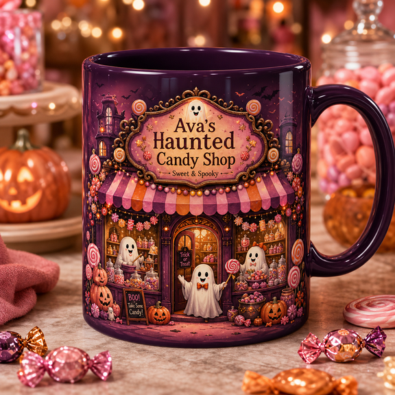 Halloween Mug Ava's Haunted Candy Shop Ceramic Coffee Cup for Halloween Lovers