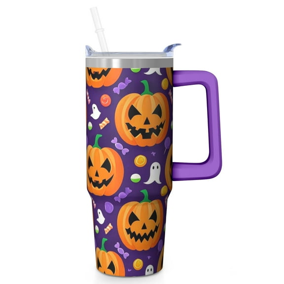 Halloween Mug, Bat Pumpkin Cup with Handle and Straw 30oz, Spooky Gift Travel Coffee Tumbler Insulated