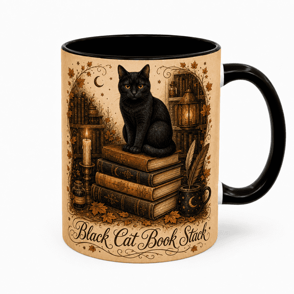 Halloween Mug Black Cat Book Stack Ceramic Coffee Cup for Readers and Cat Lovers