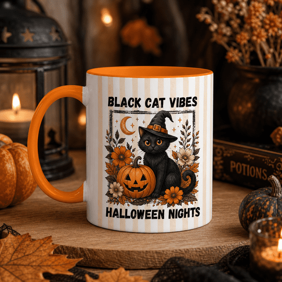 Halloween Mug Black Cat and Pumpkin Ceramic Coffee Cup for Fall Mornings and Spooky Season Fans
