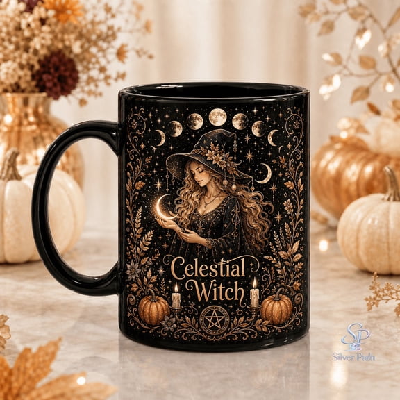 Halloween Mug Celestial Witch Black Coffee Cup for Moon Phase Lovers