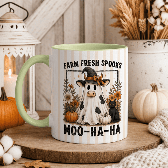 Halloween Mug Farmhouse Ghost Cow Ceramic Coffee Cup for Fall Gift