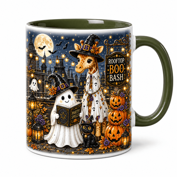 Halloween Mug Ghost Giraffe Rooftop Party Ceramic Coffee Cup for Halloween Lovers