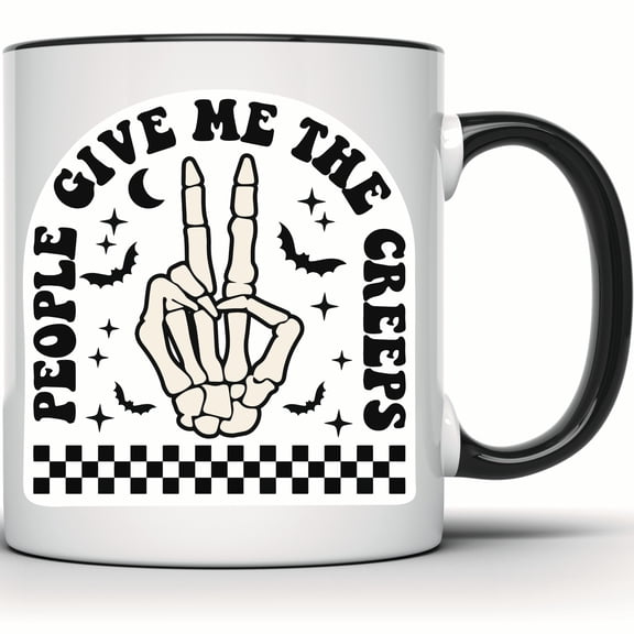 Halloween Mug - 'Give Me The Creeps' - Peace Sign Skeleton Hand - Spooky Vibes - Creepy Coffee Mug - Fall Halloween Party Decor - 11 Ounce Black Rim Handle Novelty Coffee Cup - WMUG0460-Black Rim