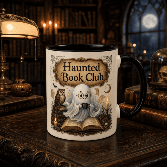 Halloween Mug Haunted Book Club Ghost Owl Ceramic Coffee Cup for Book Lovers