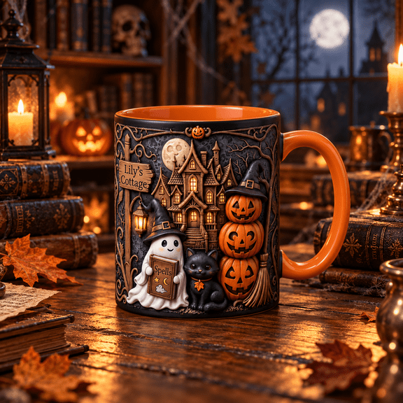 Halloween Mug Haunted Cottage Ghost and Black Cat Pumpkin Design for Coffee Breaks, Spooky Season Gifts