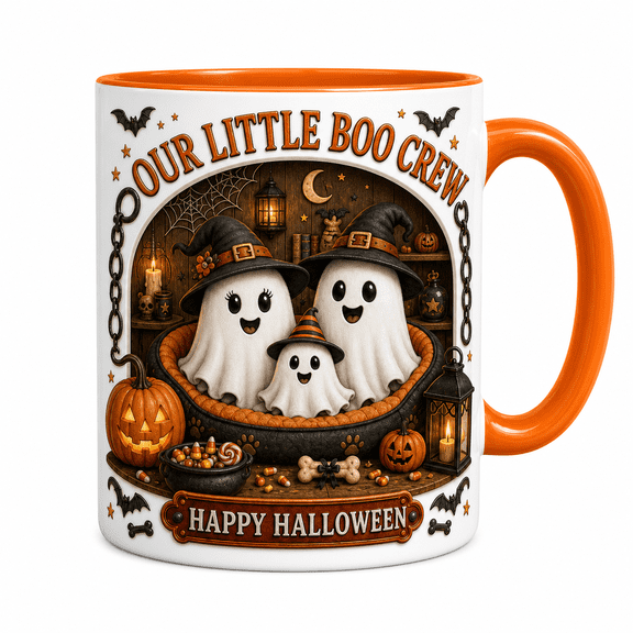 Halloween Mug Our Little Boo Crew Ceramic Coffee Cup for Fall Morning Drinks Family of Three