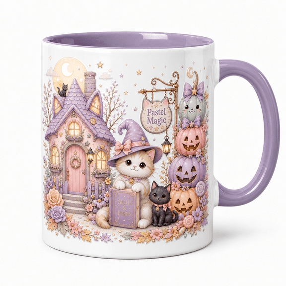 Halloween Mug Pastel Witch Kitty Ceramic Coffee Cup for Fall Mornings Cat Lovers
