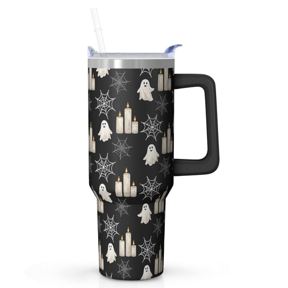 Halloween Mug, Pumpkin Ghost Bat Cup with Handle and Straw 40oz, Insulated Spooky Travel Coffee Gift