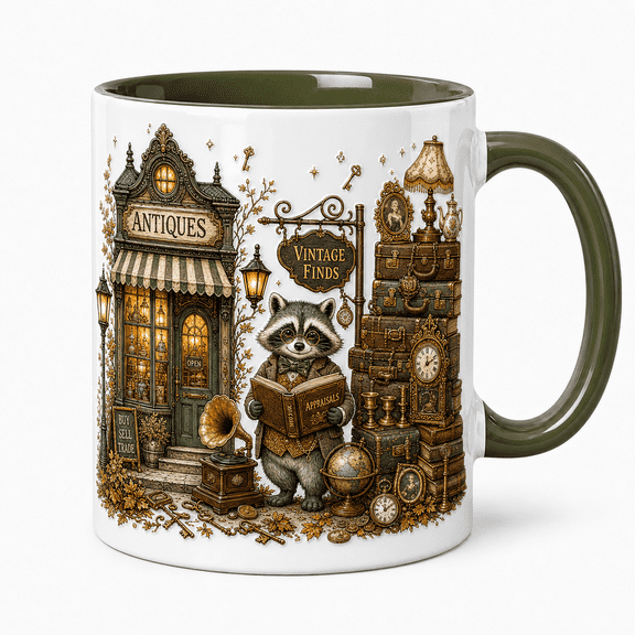 Halloween Mug Raccoon Antique Dealer Coffee Cup for Fall Coffee Desk Gift for Vintage Lovers