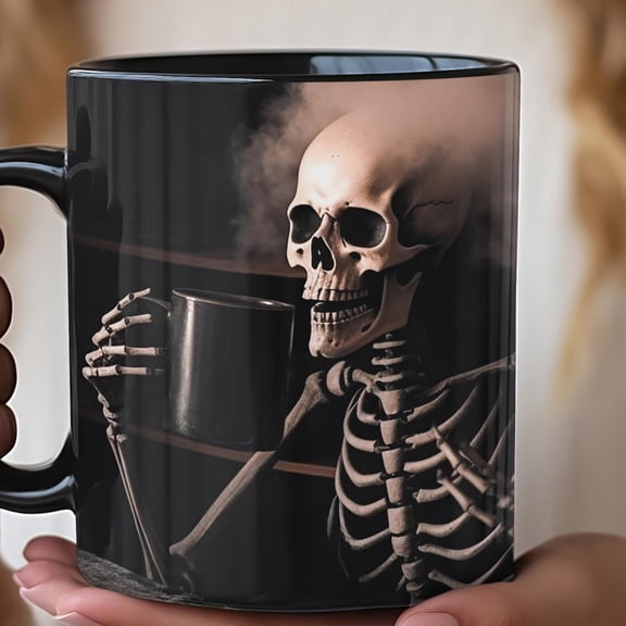 Halloween Mug, Skeleton Drinking Morning Coffee, Spooky Drinkware, Gothic Home Decor, Black Mug, Goth mug, fun halloween design, skelly mug