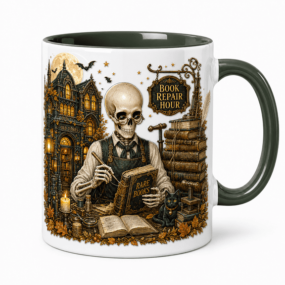 Halloween Mug Skeleton Library Ceramic Coffee Cup for Book Lovers