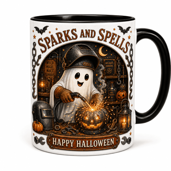 Halloween Mug Sparks and Spells Ceramic Coffee Cup for Welding Shop Desk Welders