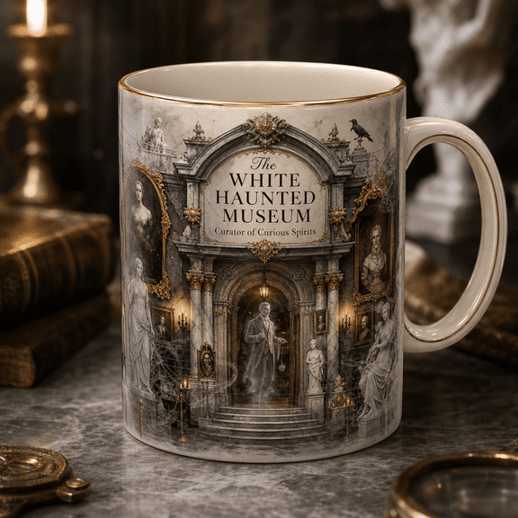 Halloween Mug White Haunted Museum Ceramic Coffee Cup for Morning Drinks Halloween Lovers