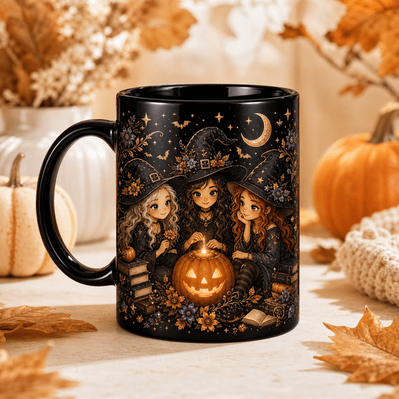 Halloween Mug Witch Friends Pumpkin Gathering Coffee Cup for Fall Sips Halloween Fans