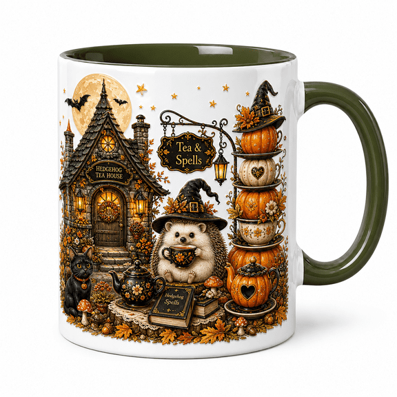 Halloween Mug Witchy Hedgehog Tea Time Ceramic Coffee Cup for Fall Sipping and Tea Lovers