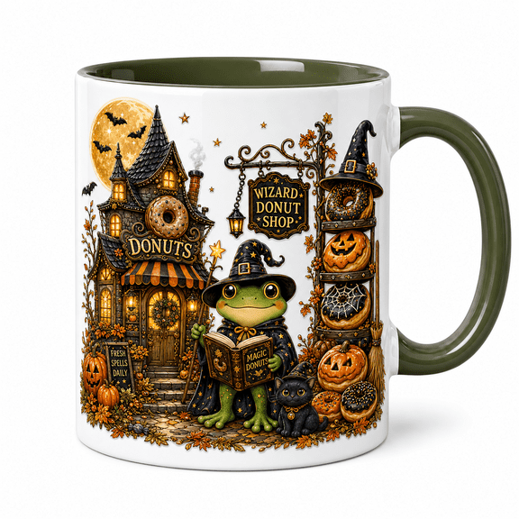 Halloween Mug Wizard Frog Donut Shop Ceramic Coffee Cup for Fall Sips Spooky Season Fans