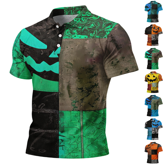 Halloween Multi Color Jack O Lantern Breathable Cotton Like Men Short Sleeve Polo Shirt Retro Crack Bat Print Button Lapel Polo Top Daily Golf Holiday Dinner Outdoor Men Polo Blouse Green XL