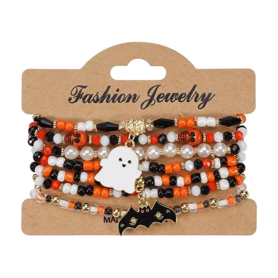 Halloween Multilayer Beaded Bracelet Set, Stackable Pumpkin Witch Hat Skull Themed Stretch Bracelets with Letter Beads for Women Girls Halloween Party Costume Jewelry