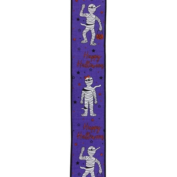 Halloween Mummies Wired Edge Ribbon, Purple Orange White - 2.5 Inches x 10 Yards