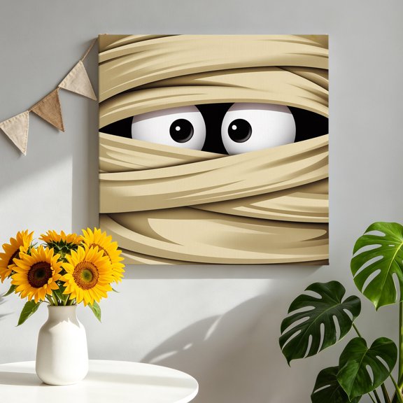 Halloween Mummy Eye Canvas Wall Art for Living Room, Yellow Bandage Wrapped Mummy Horror Eyes Poster Print Painting for Bedroom Office Home Decoration Wall Pictures Prepare To Hang 8"x8"
