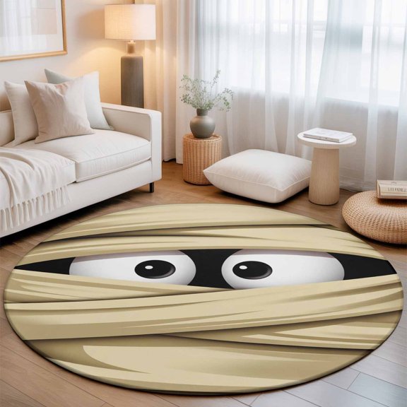 Halloween Mummy Eye Round Living Room Rugs 7 ft, Yellow Bandage Wrapped Mummy Horror Eyes Washable Area Rug with Non-Slip Sturdy Edge Binding Round Carpet for Kitchen Office Bedroom