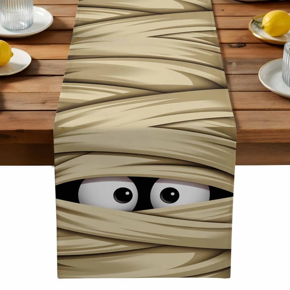 Halloween Mummy Eye Table Runner, Yellow Bandage Wrapped Mummy Horror Eyes Washable Kitchen Table Runners Dress Scarves for Dining Table Decorations Party, 13x36in