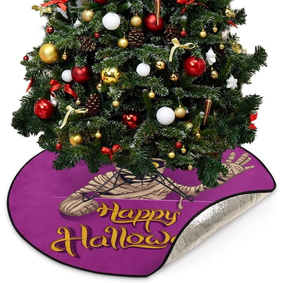 Halloween Mummy Funny Christmas Tree Mats Waterproof Tree Skirt, Xmas Tree Stand Tray Mat Floor Protector Pad for Holiday Party Decoration, 28.3"