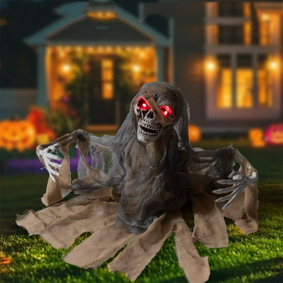 Halloween Mummy Groundbreaker Decoration,Scary Animatronics Zombie Skeleton with Glowing Eyes and Sounds for Outdoor Graveyard Haunted House,Sounds Activated Animated Zombie Shaking Body and Head