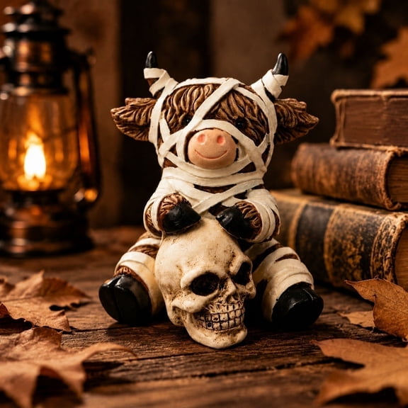 Halloween Mummy Highland Cow Figurine, Spooky Wrapped Cow Statue with Skeleton Decor, Halloween Indoor Tabletop Resin Ornament for Party Home Decor