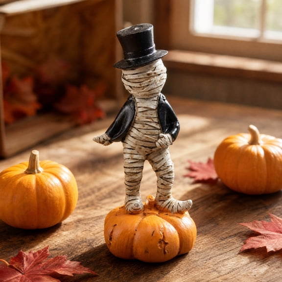 Halloween Mummy Pumpkin Figurine, Resin Wrapped Pumpkin Tabletop Decor, Spooky Desk Ornament for Shelf Mantel, Fall Ghost Festival Keepsake