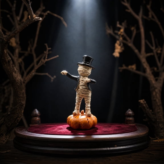 Halloween Mummy Pumpkin Statue, Dancing Figurine Set, Spooky Desktop Decor, Adds Playful Dancing Poses and Sits Steadily for Shelf Display, Party Table, and Office Desk.