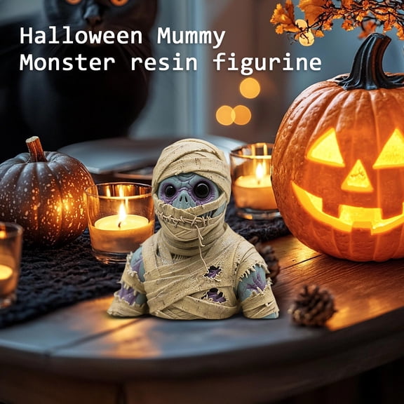 Halloween Mummy Resin Figurine, Creepy Wrapped Mummy Half Body Statue, Spooky Monster Desktop Ornament for Indoor Table Shelf Home Halloween Decor