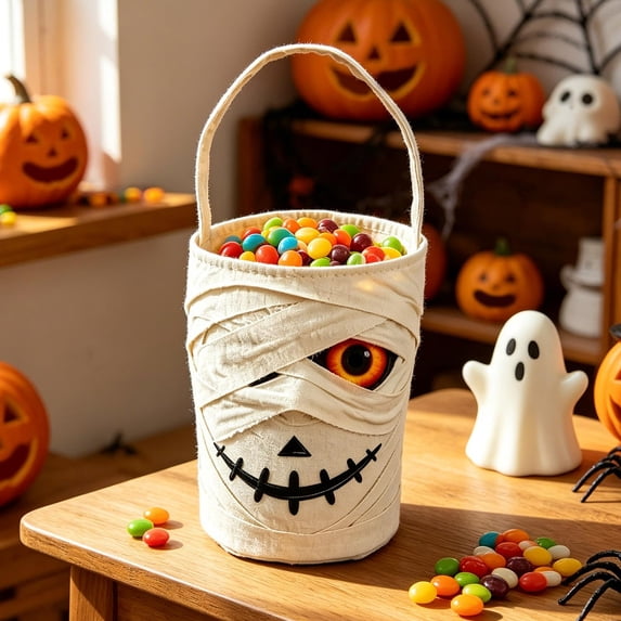 Halloween Mummy Trick or Treat Bag, Reusable Fabric Handheld Candy Bucket for Ki-ds Halloween Party, 1 Pack