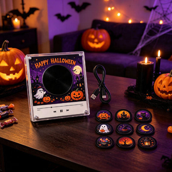 Halloween Music Box NFC Player with LED Light, 9 Discs Fridge Magnet with Acrylic Artwork for Spooky Holiday Gift