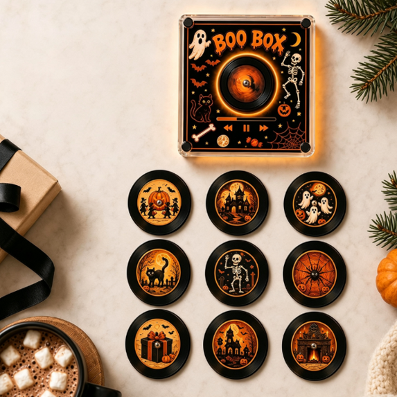 Halloween Music Box NFC Player with LED Light, 9 Discs Fridge Magnet with Acrylic Artwork for Spooky Holiday Gift