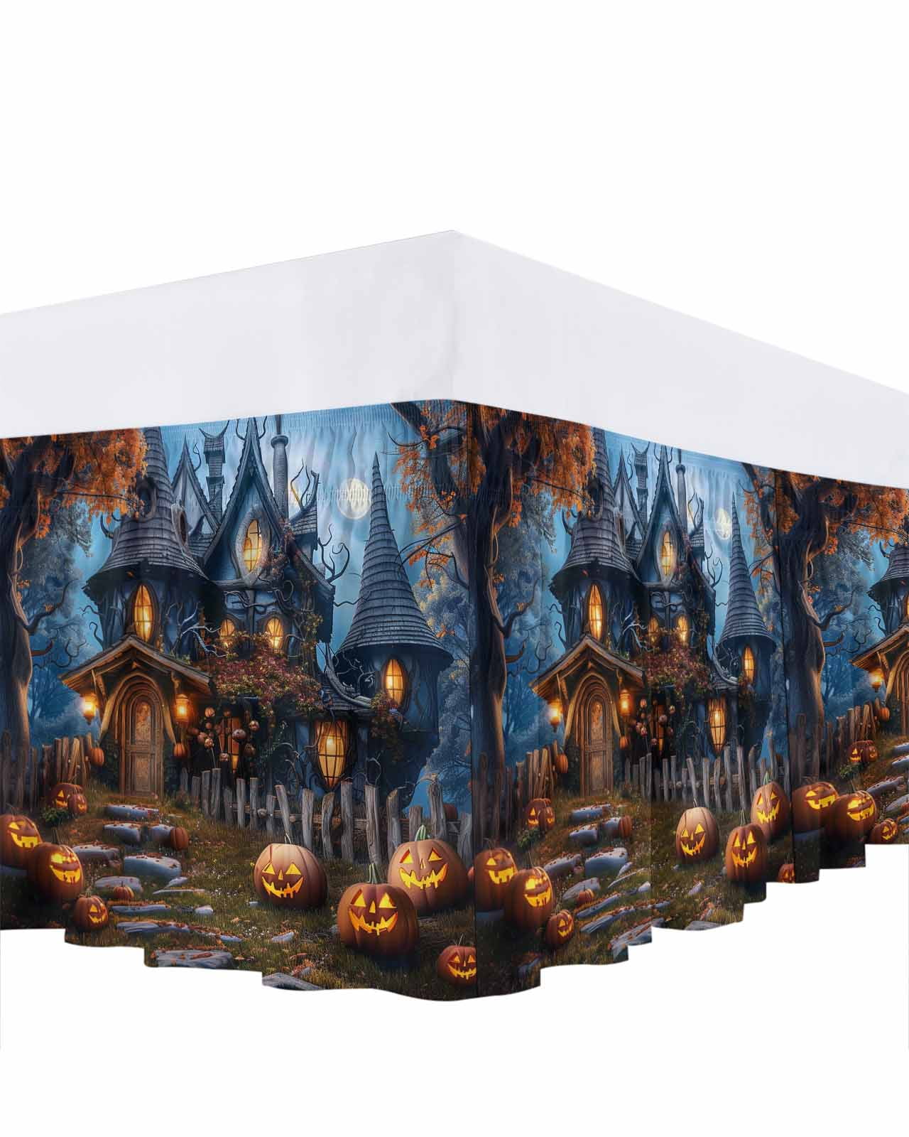 Halloween Mysterious Bed Skirt Forest Pumpkin Castle Bed Skirts King Size 16 Inch Drop, Wrap Around Dust Ruffle&nbsp;Bedskirt with Adjustable Elastic Belt for Queen Size Beds