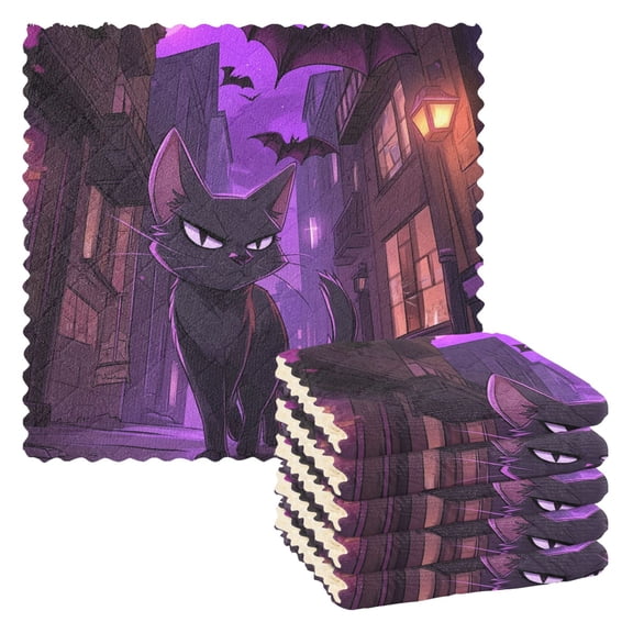 Halloween Mysterious Black Cat Kitchen Cloth Dish Towels for Drying Washing Absorbent Dish Rags 6 Pack