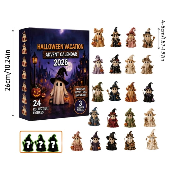 Halloween Mystery Advent Calendar 2026, 24 Days Countdown Set with Retro Little Ghost Witch Figurines, 3 Hidden Ghost Ornaments, Fall Shelf Decor Perfect Gift for All Ages