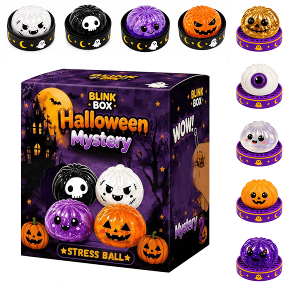 Halloween Mystery Blink Box Stress Ball, Glitter Sparkle Pumpkin Ghost Dumpling Squishy Toys, Autism Calming Sensory Toy Halloween Novelty Gift A10-1PC Random