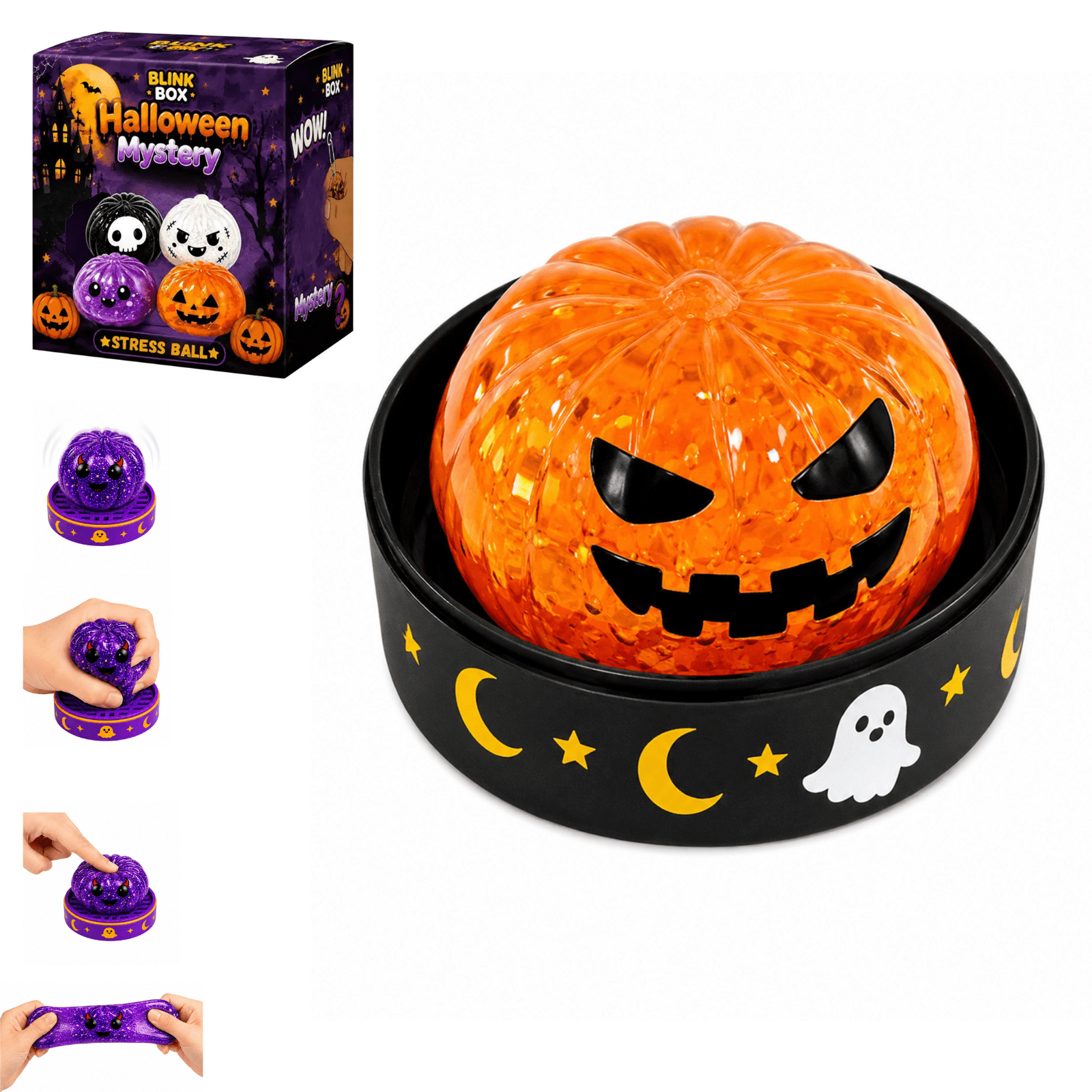 Halloween Mystery Blink Box Stress Ball Toy, Glitter Filled Dumpling Squishy Toys Spooky Eyeball Ghost Design, Anti Anxiety Fidget Toy Holiday Stocking Stuffers A4-1PC