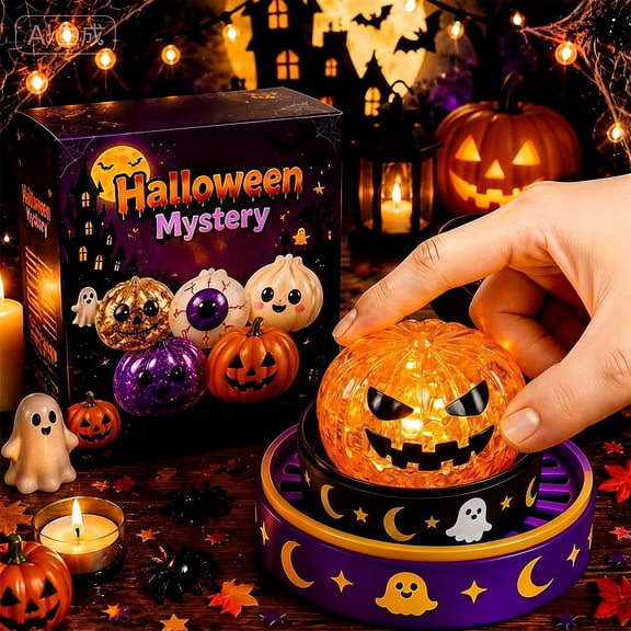 Halloween Mystery Stress Ball Blind Box, Halloween Glitter Dumpling Squishy Toys Glow Sparkle Pumpkin Skull Squeeze Fidget Toy, Random Spooky Stress Relief Toy Halloween Party Favors Gift A4-1PC