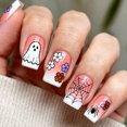thumbnail image 1 of Halloween Nail Art, 24 Pcs Halloween Press On Nails Medium, White Gradient Ghost Flower Spider Web Fake Nails with Festive Spooky Design, Reusable False Nail Tips for Women, DIY Party Manicure Set, 1 of 5