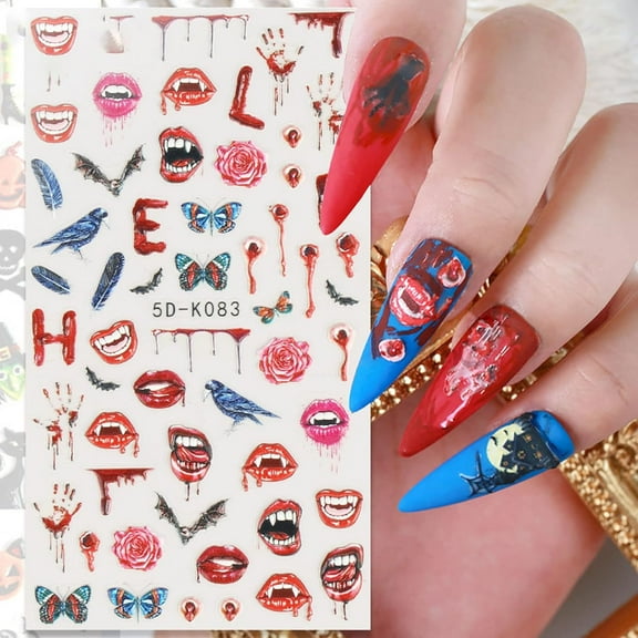Halloween Nail Art Stickers, 4 Sheets Self Adhesive 3D Nail Stickers Set, Halloween Red Lip Nail Decal, Nails Stickers for Nail Art for Women DIY Nail Decorations