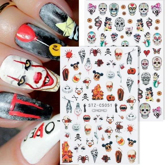 Halloween Nail Art Stickers Decals 3D Halloween Nail Design 2021 Sticker for Nail Art Anime Skull Bone Snake Maple Leaf Decals Manicure Nail Decor 8 Sheets (Halloween)