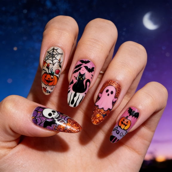 Halloween Nail Glitter,Halloween Press On Nails,Spooky Halloween Pumpkin Press On Nails,Halloween Costumes,Glossy False Nails With Bats Design,Full Cover Terror Reusable Acrylic Nails