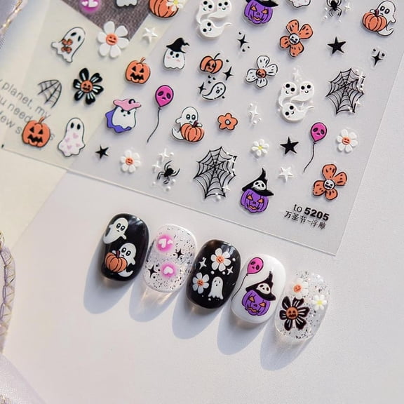 Halloween Nail Stickers 5D Embossed Cute Ghost Nails Designs Flower Nail Supplies 3D Self-Adhesive Colorful Spider Web Nail Decals Balloon Nail Art Decoration for Women DIY Manicure 1 Sheet