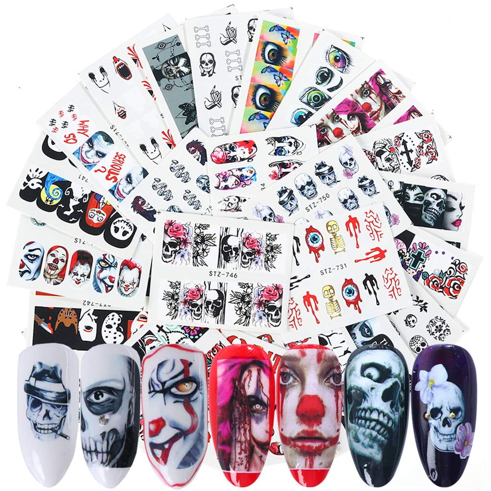 Amazon.com: 25 Sheets Halloween Nail Stickers Day of The Dead Nail Art  Accessories Decals Nail Water Transfer Ghost Skull Eye Clown Witch Hulk  Design Stickers for Halloween Party Supplies Manicure Decorations :